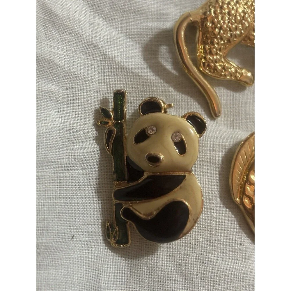 Vintage Animal Brooch Lot Panda Zebra Leopard Gold Safari Enamel Rhinestone Pins